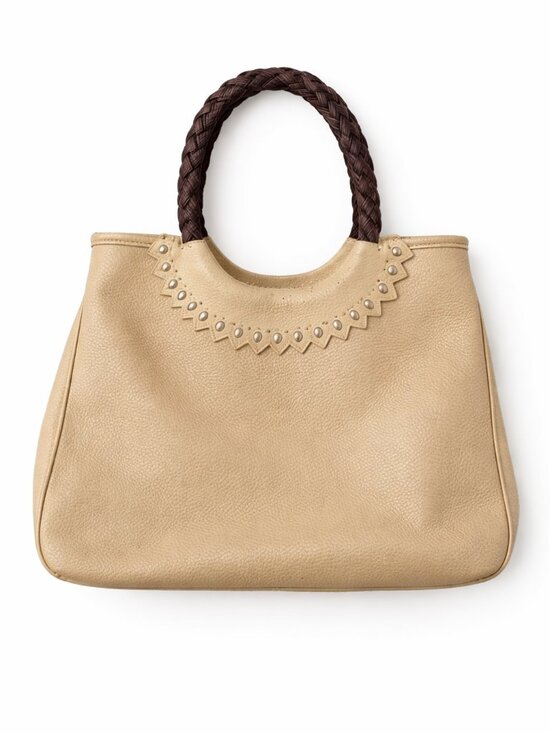 Liz Claiborne Handbags - Boho Liz Claiborne Beige Pebbled Tote Bag Braided Handles Scalloped Studded Trim